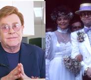 Elton John now, and on his 1984 wedding day with his wife
