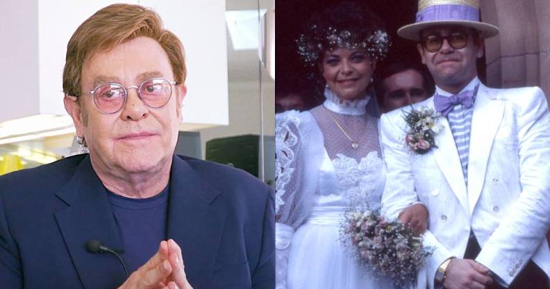 Elton John now, and on his 1984 wedding day with his wife
