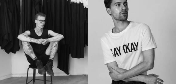 Designer Lauri Järvine sitting in front of a rail of black clothes and a model wearing a white t-shirt reading Gay Okay
