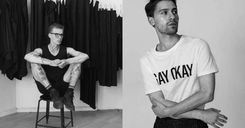 Designer Lauri Järvine sitting in front of a rail of black clothes and a model wearing a white t-shirt reading Gay Okay