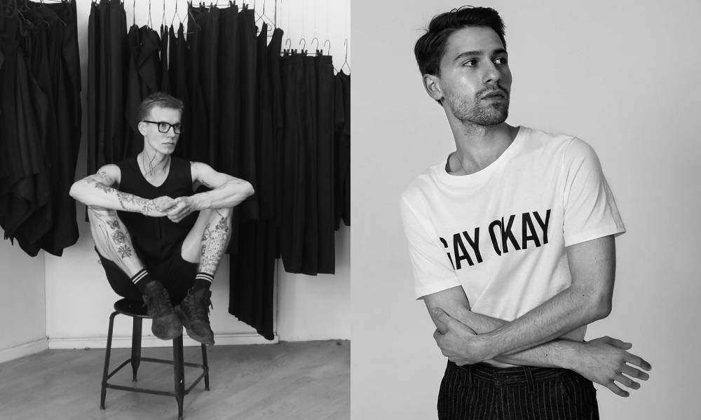 Designer Lauri Järvine sitting in front of a rail of black clothes and a model wearing a white t-shirt reading Gay Okay