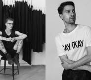 Designer Lauri Järvine sitting in front of a rail of black clothes and a model wearing a white t-shirt reading Gay Okay
