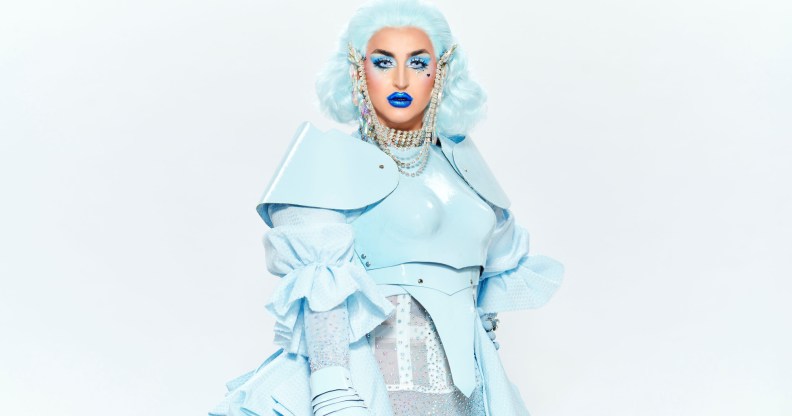 Ilona Verley wearing pastel blue from wig to toe