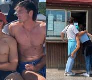 Left: Tomy Dorfman and Jacob Elordi sit on a boat wearing shorts. Right: Tommy leans into Jacob, his arm resting on his leg