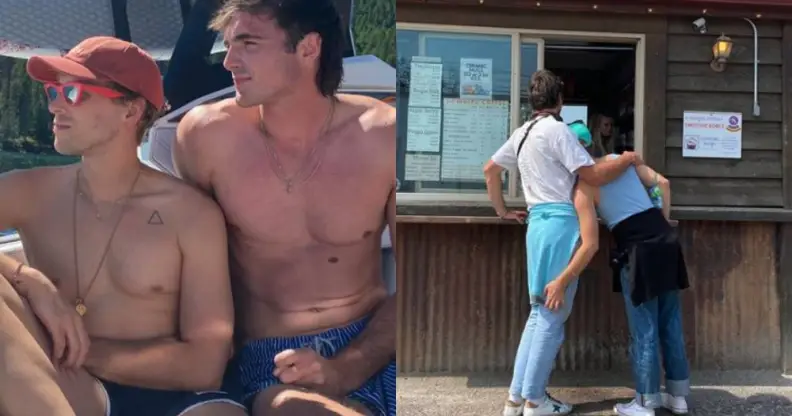 Left: Tomy Dorfman and Jacob Elordi sit on a boat wearing shorts. Right: Tommy leans into Jacob, his arm resting on his leg