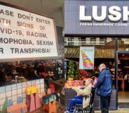 Lush shop front / sign reading: Please do not enter our store with signs of Covid-19, Racism, homophobia, sexism or transphobia