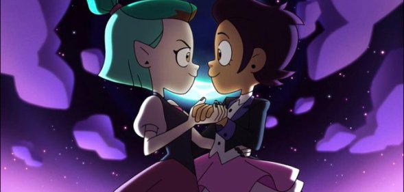 The Owl House's Luz and Amity dancing at prom, holding hands and looking at each other lovingly