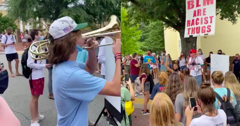 trombone drowns out homophobic racist demonstrator