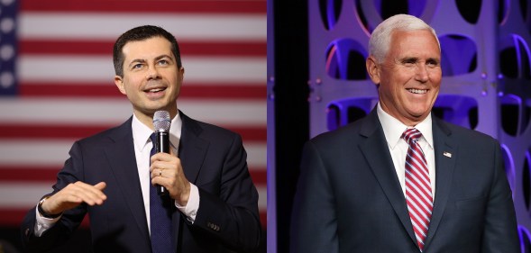 Democratic presidential candidate former South Bend, Indiana Mayor Pete Buttigieg, is role-playing as Mike Pence