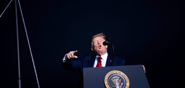US President Donald Trump speaks during a campaign rally at the Minden-Tahoe airport in Minden, Nevada on September 12, 2020.