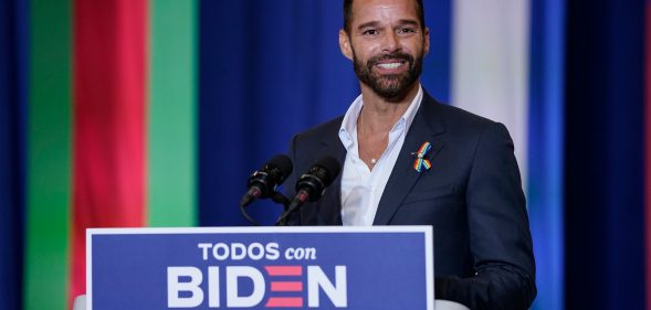Singer Ricky Martin speaks during a Hispanic heritage event with Democratic presidential nominee and former Vice President Joe Biden. (Drew Angerer/Getty Images)
