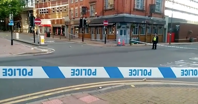 Law enforcement cordoned off the junction of Hurst Street and Bromsgrove Street after a string of stabbings that left 'a number of people' wounded. (Screen capture via Birmingham Live)