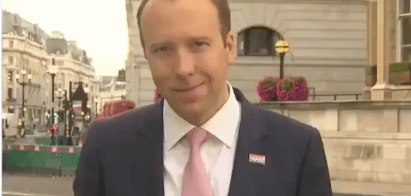 British Secretary of State for Health Matt Hancock weathered criticism for calling the sister of Tony Abbott a 'homosexual'. (Screen capture via Twitter)