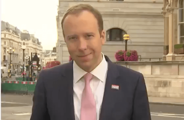 British Secretary of State for Health Matt Hancock weathered criticism for calling the sister of Tony Abbott a 'homosexual'. (Screen capture via Twitter)