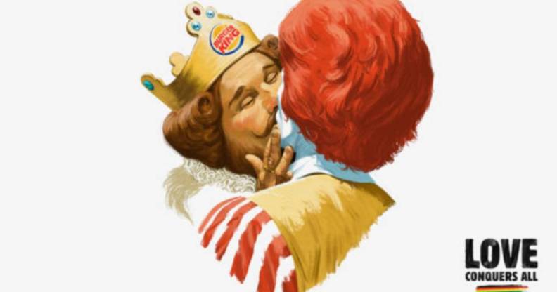 The Burger King mascot and Ronald McDonald kiss