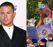 Left: Channing Tatum wearing a suit. Right: Channing Tatum in an eye mask with eyelashes anda. crown attacked, an apron with no shirt on underneath, and fairy wings, holding his book while sitting next to his daughter, who wears a unicorn onesie.