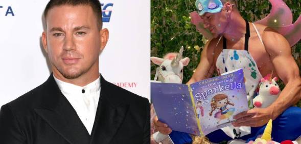 Left: Channing Tatum wearing a suit. Right: Channing Tatum in an eye mask with eyelashes anda. crown attacked, an apron with no shirt on underneath, and fairy wings, holding his book while sitting next to his daughter, who wears a unicorn onesie.