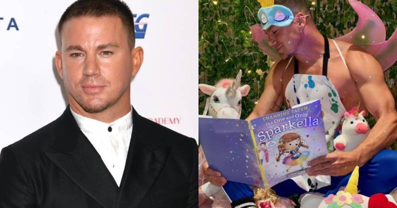 Left: Channing Tatum wearing a suit. Right: Channing Tatum in an eye mask with eyelashes anda. crown attacked, an apron with no shirt on underneath, and fairy wings, holding his book while sitting next to his daughter, who wears a unicorn onesie.
