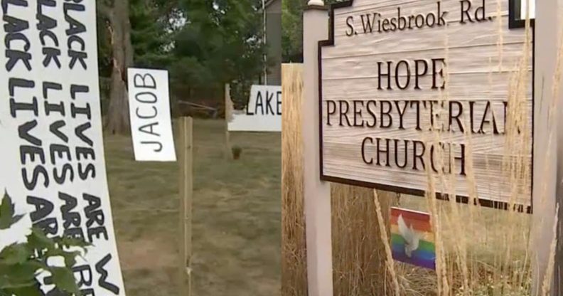 Hope Presbyterian Church leaders and members were shocked to see the signs had been vandalised within hours of being installed. (Screen captures via NBC Chicago)