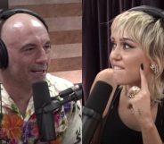 Miley Cyrus (R) had the perfect clapback to Joe Rogan's heterosexual nonsense. (Screen captures via Twitter)