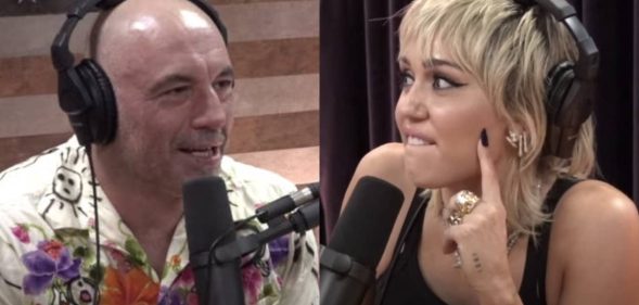 Miley Cyrus (R) had the perfect clapback to Joe Rogan's heterosexual nonsense. (Screen captures via Twitter)