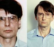 Dennis Nilsen and David Tennant side by side, wearing identical blue shirts and glasses