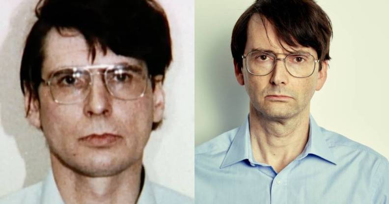 Dennis Nilsen and David Tennant side by side, wearing identical blue shirts and glasses