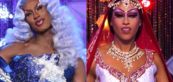 Shea Couleé and Priyanka in their respective Drag Race finales. Shea is wearing a blue sequinned gown and blue hair, Priyanka is in a red and white lehenga