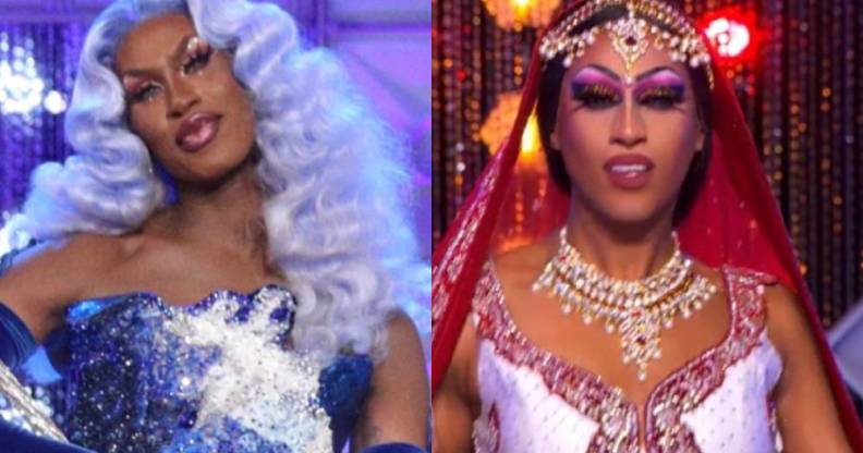 Shea Couleé and Priyanka in their respective Drag Race finales. Shea is wearing a blue sequinned gown and blue hair, Priyanka is in a red and white lehenga