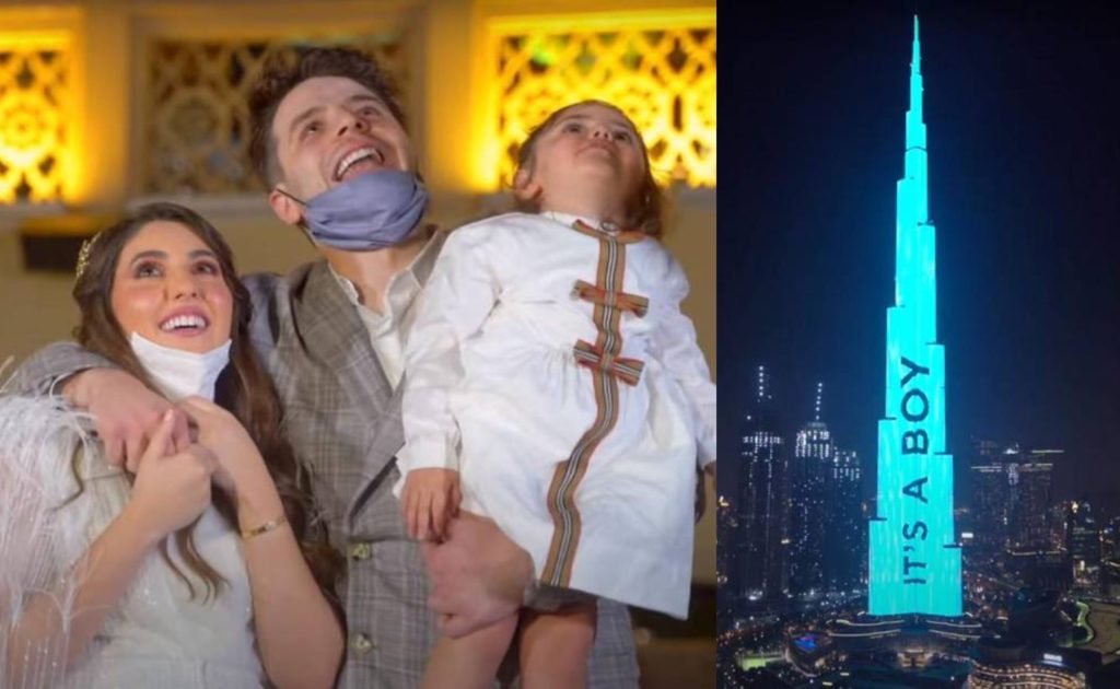 Anas and Asala Marwah staged an elaborate gender reveal party in Dubai, splashing the gender of their unborn baby onto the Burj Khalifa. (Screen captures via YouTube)