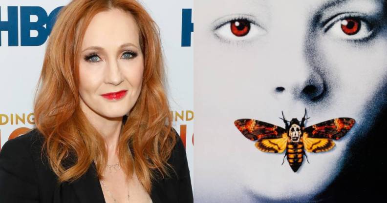 JK Rowling and the Silence of the Lambs poster, which is a tight crop of Jodie Foster, her face washed out, with a moth covering her mouth