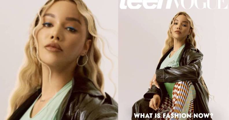 Munroe Bergdorf on the cover of Teen Vogue wearing a black leather trench