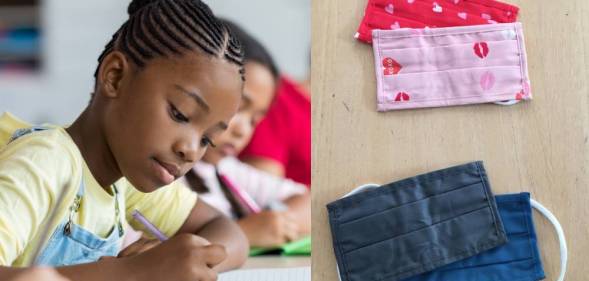 A young girl leaning on a desk, writing / Two pink face masks and two navy ones