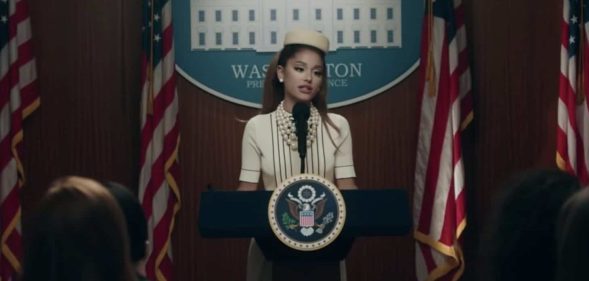 Ariana Grande juggled being US President and home life in the music video for her new song, 'Positions'. (Screen capture via YouTube)