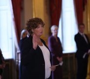 Deputy prime minister Petra De Sutter takes the oath before King Philippe of Belgium on Thursday