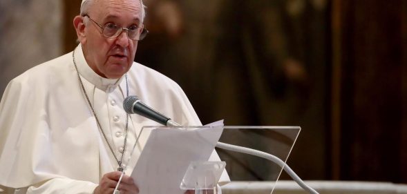 Pope Francis holds his speech during an International Prayer Meeting for Peace