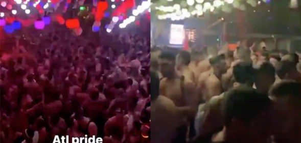 Footage uploaded to social media showed attendees of an unofficial Atlanta Pride party just a shot glass width apart from one another. (Screen captures via Twitter)