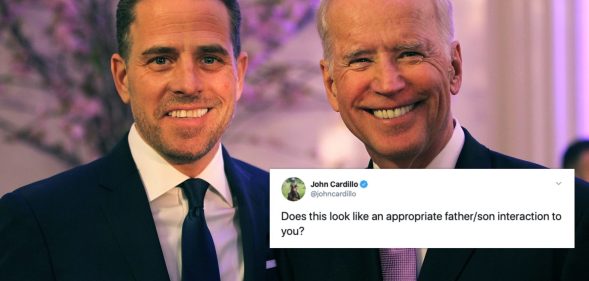 John Cardillo dubbed a photograph of Joe Biden kissing his son, Hunter, on the cheek as 'inappropriate'. (Getty/Twitter)