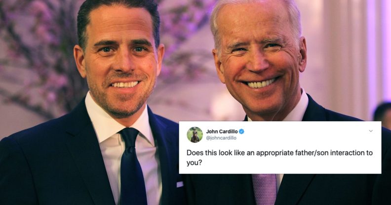 John Cardillo dubbed a photograph of Joe Biden kissing his son, Hunter, on the cheek as 'inappropriate'. (Getty/Twitter)