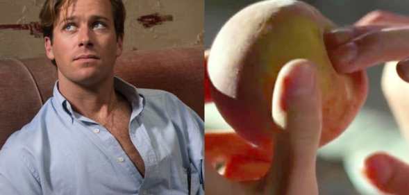 Armie Hammer in a blue Oxford shirt unbuttoned to his navel / fingers going into a peach