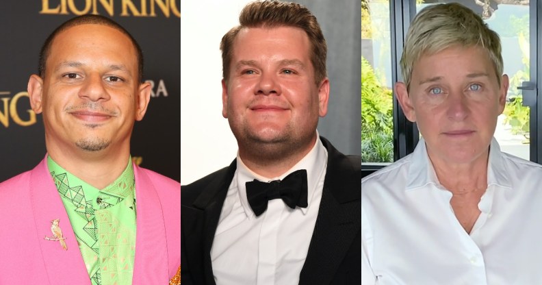 (L-R) Eric Andre, James Corden and Ellen DeGeneres. (Getty)
