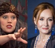 Kate McKinnon dressed as a fortune teller in the year 2019 to make a jab against JK Rowling. (Screen capture via YouTube/Getty)