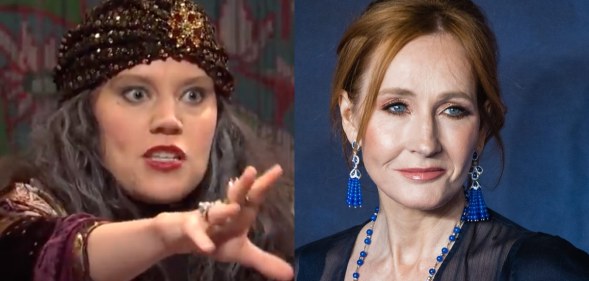 Kate McKinnon dressed as a fortune teller in the year 2019 to make a jab against JK Rowling. (Screen capture via YouTube/Getty)