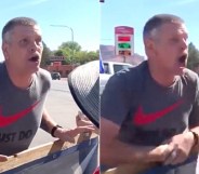 Robert Brissette, an ardent Trump support, coughed at Black Lives Matter protesters while hurling homophobic insults. (Screen captures via YouTube)