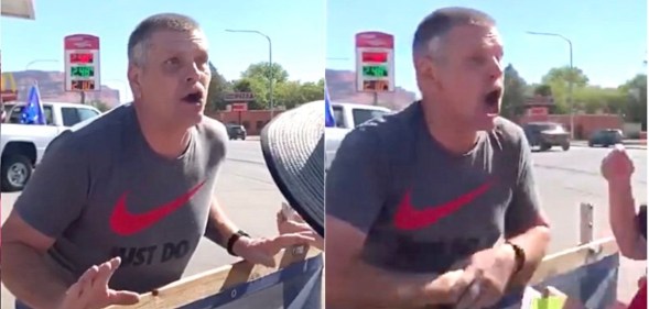 Robert Brissette, an ardent Trump support, coughed at Black Lives Matter protesters while hurling homophobic insults. (Screen captures via YouTube)