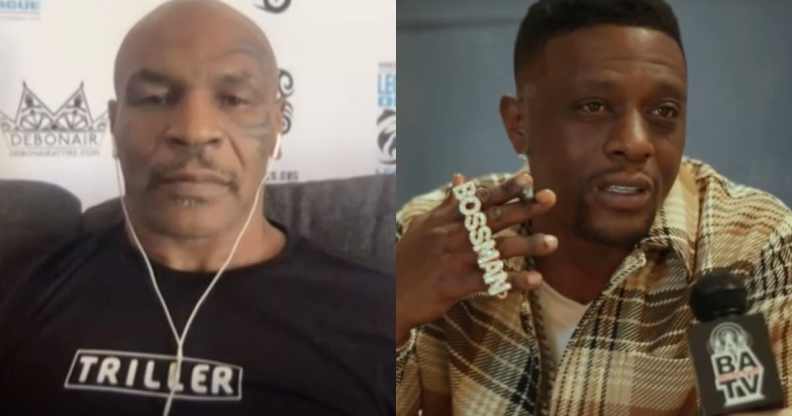 Mike Tyson (L) revealed that it was his daughter the insured him to grill Boosie Badazz over his transphobic comments. (Screenshot via TMX / YouTube / Baller Alert)