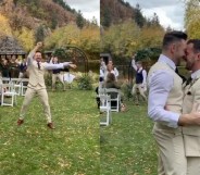 Brock Dalgleish, a fitness instructor, staged a flash mob for his partner, massage therapist Riley Jay, to the tune of 'Stupid Love' during their wedding. (Screen captures via Instagram)
