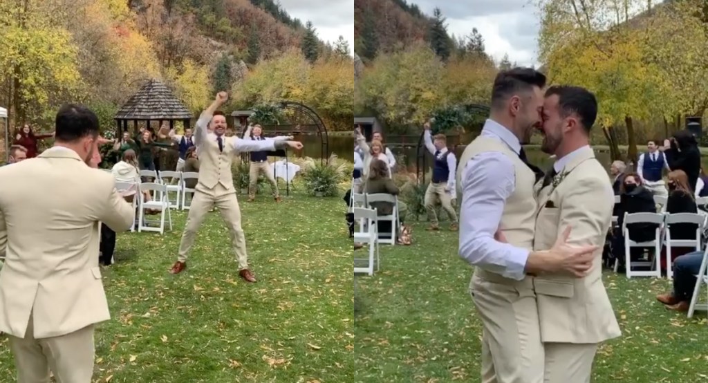 Brock Dalgleish, a fitness instructor, staged a flash mob for his partner, massage therapist Riley Jay, to the tune of 'Stupid Love' during their wedding. (Screen captures via Instagram)