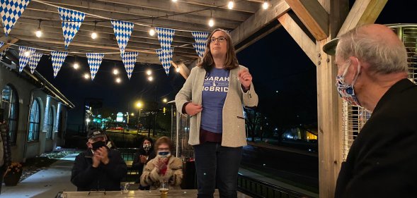 Sarah McBridge gives her acceptance speech.