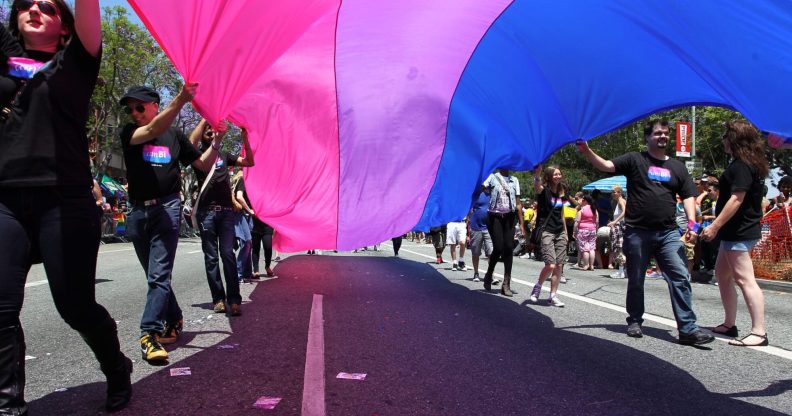 People marching with anBi, a bisexual organization, carry a bisexual flag in the LA Pride Parade